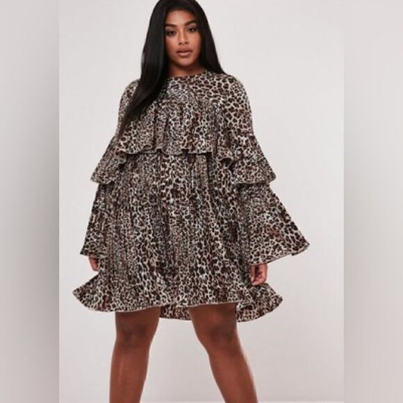 Missguided Pleated Smock Leopard Print Bell Sleeve Mini Dress Sz 6 Tall - Picture 1 of 7
